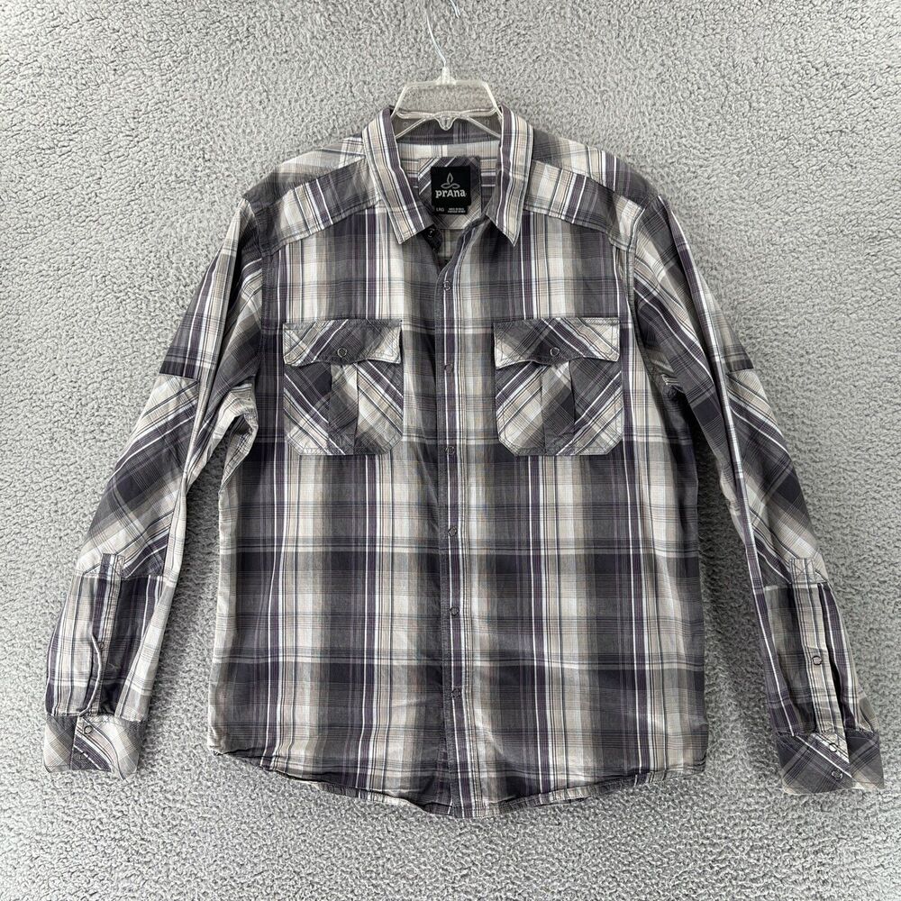 prAna Mens Large L/S Button Down Tartan Madras Plaid Shirt Snap Hiking Outdoor